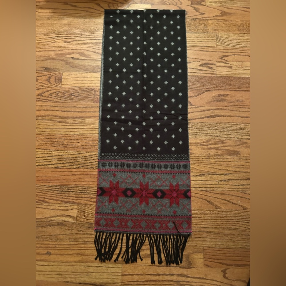 Merona Men's Rustic Outdoorsy Patterned Black Grey Red Winter Fringed Scarf